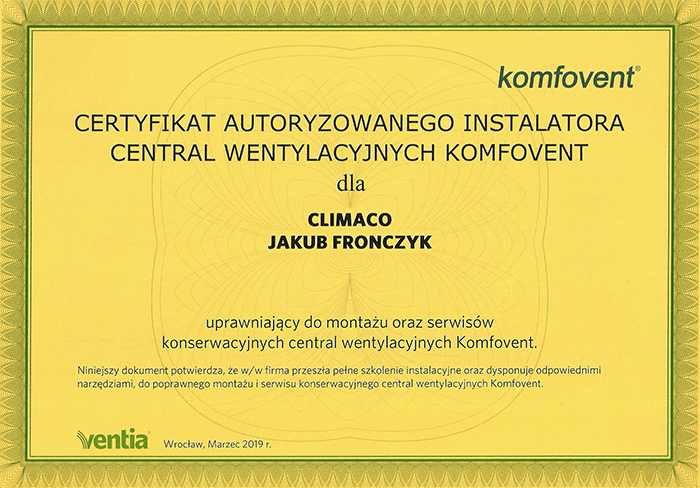 Certyfikat Komfovent 2019