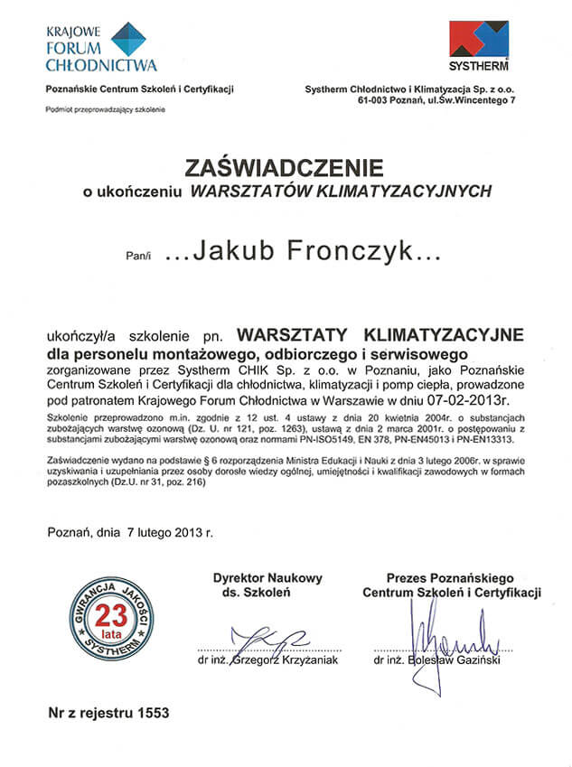 Certyfikat Systherm 2013
