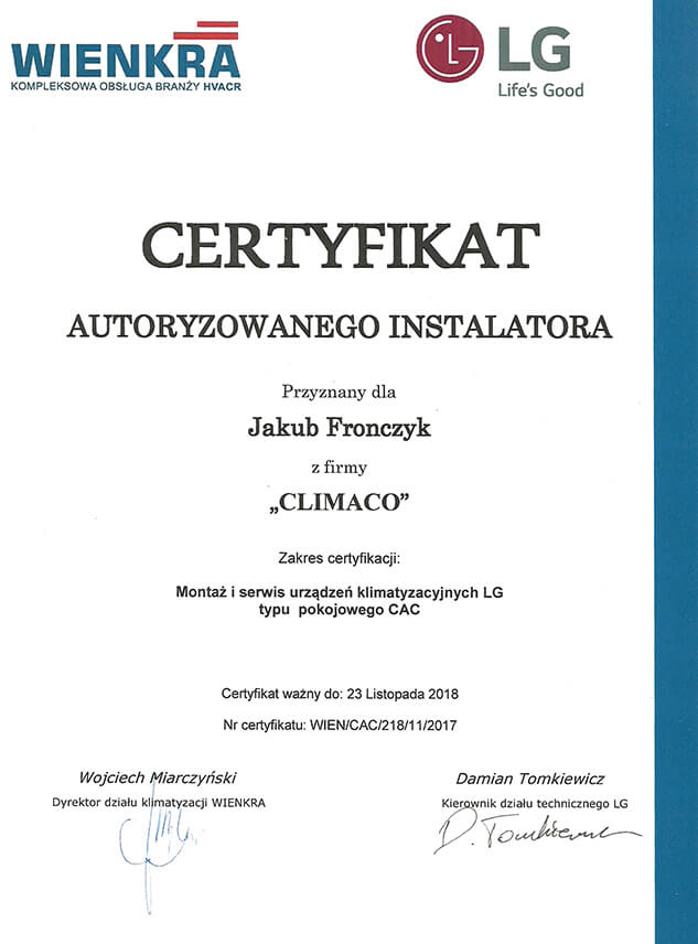 Certyfikat Wienkra-LG 2018 CAC