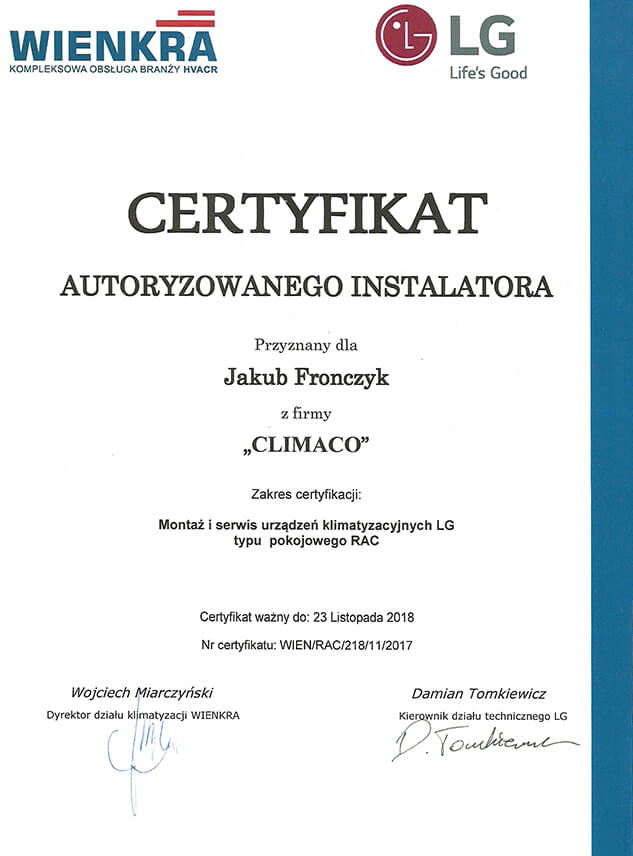 Certyfikat Wienkra-LG 2018 RAC
