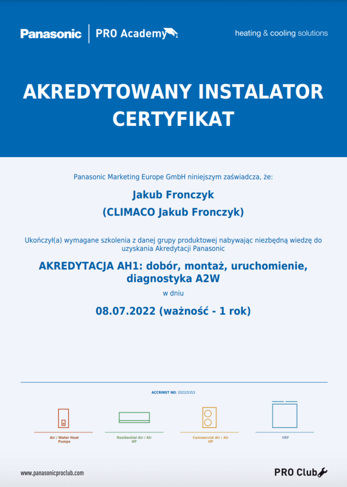 Certyfikat Panasonic 2022 Pompy ciepła